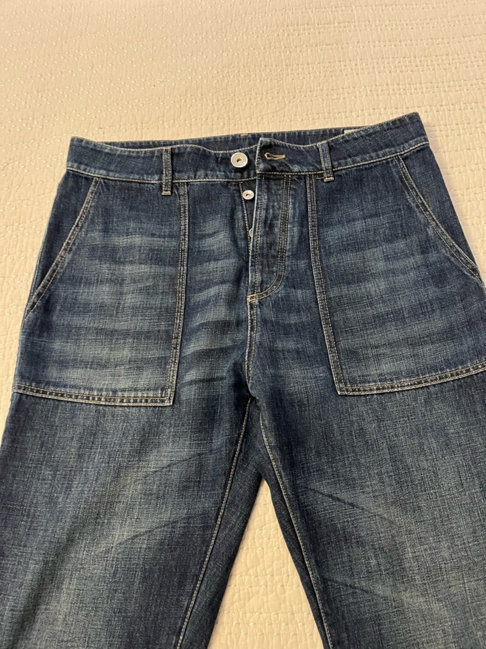 Brunello Cucinelli Men's Dark and Light Blue Two-Tone Denim Jeans